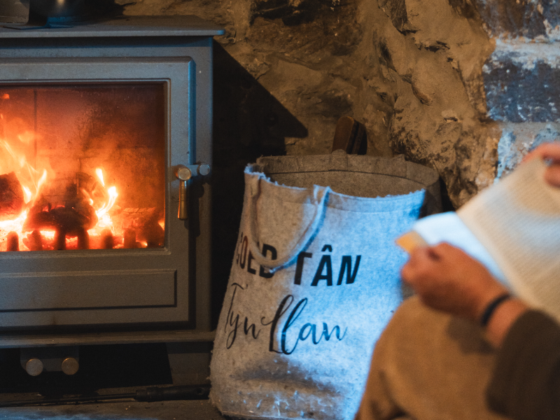 Roaring fire in the stonework of the pub